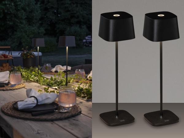 2er Set Wiederaufladbare LED Outdoor Tischleuchten dimmbar in Schwarz, Höhe 25cm