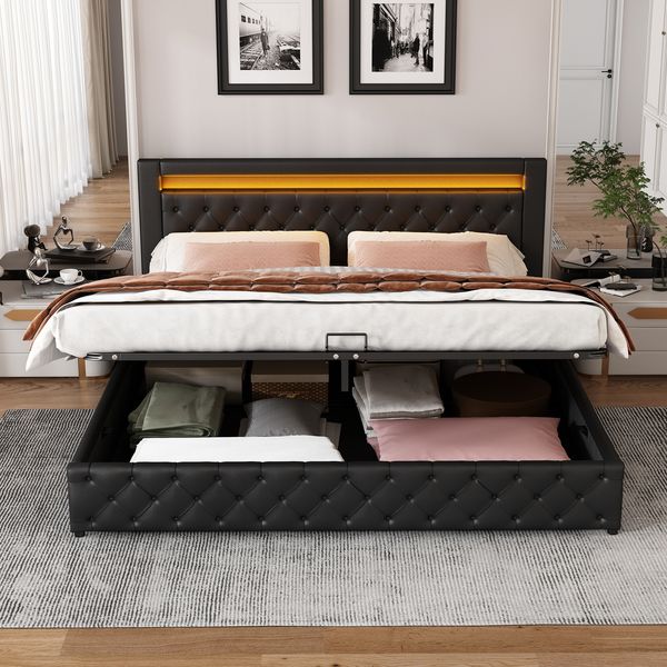 Polsterbett in Schwarz 207*182*99cm, mit LED Beleuchtung und Bettkasten, modernes Bettgestell