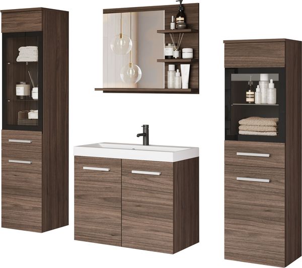 welltime Badmöbel-Set MADRIT, (Komplett-Set, 5-St, mit Waschbecken), Waschtisch inkl. Waschbecken, Badschrank, Hochschrank, Spiegel