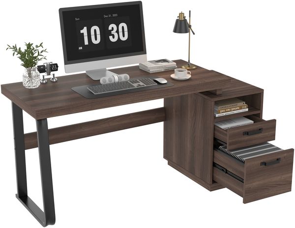 Merax 135cm Schreibtisch, mit hochwertigem Stahlrohr, super belastbar, multifunktionales Aufbewahrungsdesign, geräuschlose Schublade, Ordnersch , braun Bild 10