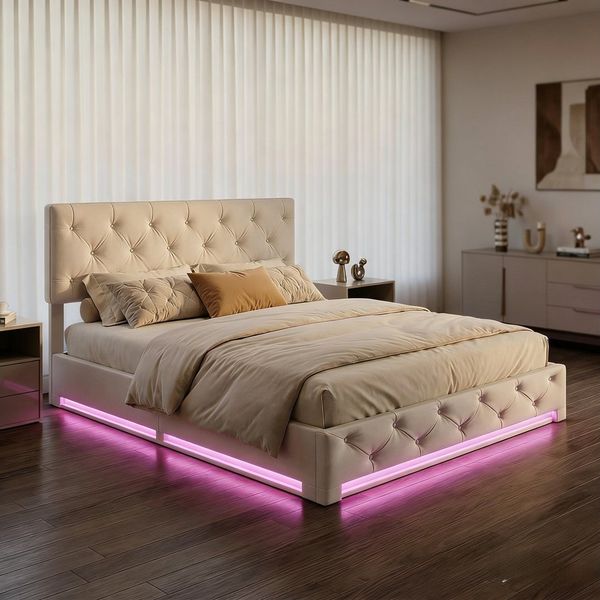 Gdood Polsterbett Stauraumbett LED Doppelbett (Hydraulisch anhebbarer Stauraum), Mit LED-Beleuchtung, Bettkasten, Lattenrost, Leinen, 160x200 cm