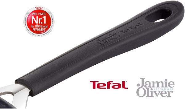 Tefal E85710 Jamie Oliver 2-tlg Induktions Pfannenset, 24 cm und 28 cm Antihaft Bratpfannen, Edelstahl, Thermo-Spot, spülmaschinenfest, für Gas, Elektro und Induktionsherde, mit Filz-Pfannenschoner Bild 3