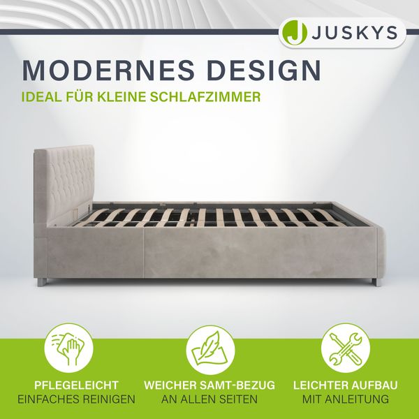 Juskys 'Nizza' Polsterbett mit Lattenrost, Bettkasten & LED Beleuchtung, Chesterfield-Steppung, Samtbezug, Beige, 120x200 cm, mit Matratze