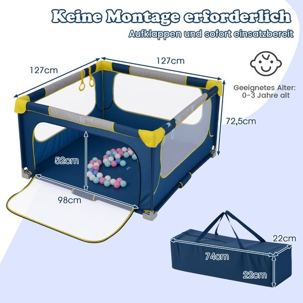 Faltbarer Baby Laufstall mit 50 Bälle & 4 Griffe & Reißverschlusstor Laufgitter Krabbelgitter Blau Bild 2