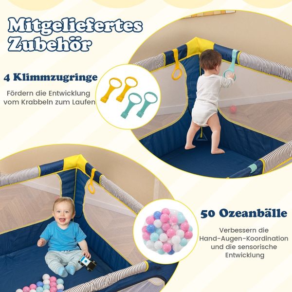 Faltbarer Baby Laufstall mit 50 Bälle & 4 Griffe & Reißverschlusstor Laufgitter Krabbelgitter Blau Bild 4