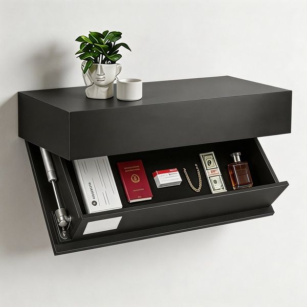BlingBin Wandregal Schweberegal 40 cm Schwarz mit verstecktem Klappfach, 1er Set 1-tlg, Wandboard mit Stauraum, für Flur/Wohnzimmer/Schlafzimmer