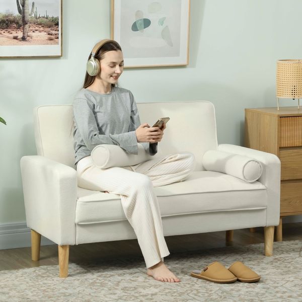 Sofa H 82 x T 130 x B 74.5 cm, 2‑Sitzer mit samtartigem Polyesterbezug, Cremeweiß