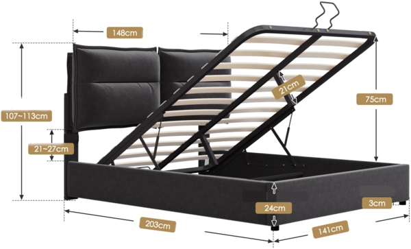 Merax Polsterbett mit hydraulischem Stauraum und Lattenrost, Samt, 140x200 cm, Schwarz Bild 2