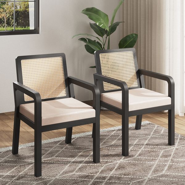 Esszimmerstuhl 56 x 57 x 83 cm aus Velours mit PE-Rattan-Rückenlehne und Gummibaumholz, 2er-Set