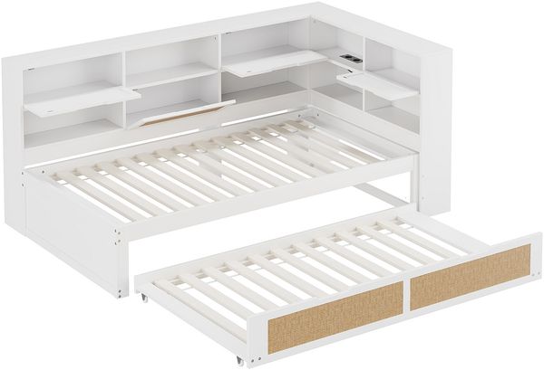 Bett Ausziehbett 90x200 cm, mit 90x190 cm Gästebett, Holzmaterial in Weiß, USB/Ladeanschluss, ohne Matratze Bild 6