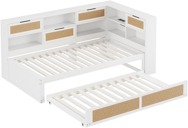 Bett Ausziehbett 90x200 cm, mit 90x190 cm Gästebett, Holzmaterial in Weiß, USB/Ladeanschluss, ohne Matratze Bild 9