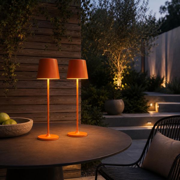 Lightbox 2er-Set LED Tischlampen für Innen & Außen | 37 cm / 23 cm Höhe, Ø 10cm | matt orangene Outdoor Tischleuchten mit Touch-Dimmer | mobil/kabellos/portable | per USB aufladbar/Akku | 310 lm