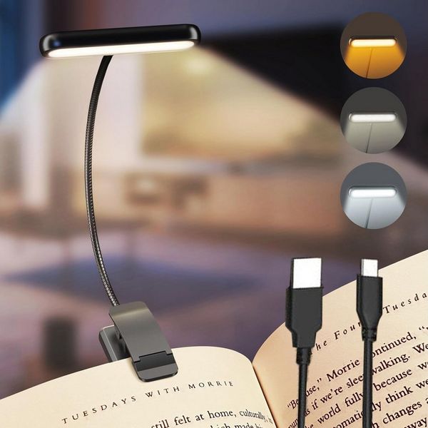 MUPOO LED Leselampe Klemmlampe Breites Licht, USB Aufladbar, 3 Farben & 10 Helligkeitsstufen