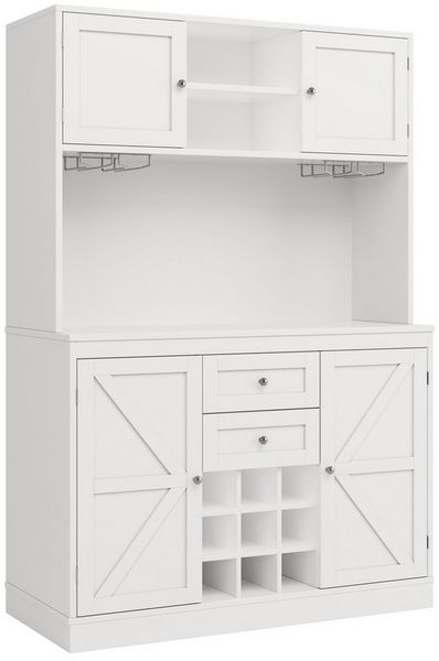 KLAM HOME Hochschrank Küchenschrank mit verstellbaren Ablagen & Weinregal (Hochschrank Küchenbuffet mit 4 Türen & 2 Schubladen) Sideboard für Küche & Wohnzimmer, Buffetschrank, Schwarz