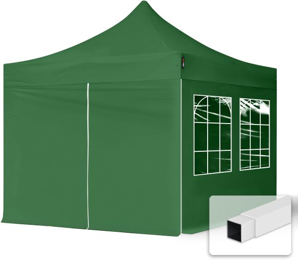 3x3 m Faltpavillon, ECONOMY Stahl 30mm, Seitenteile mit Sprossenfenstern, dunkelgrün