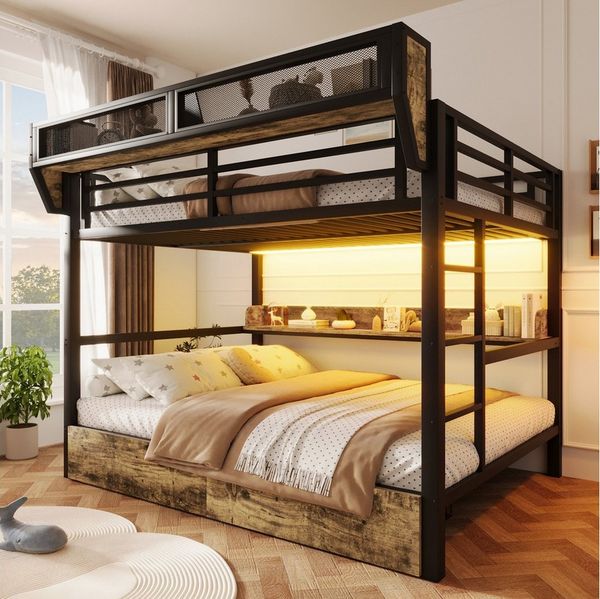 Flieks Etagenbett, Metallbett 140x200 cm mit Schubladen LED-Beleuchtung Aufbewahrungskorb