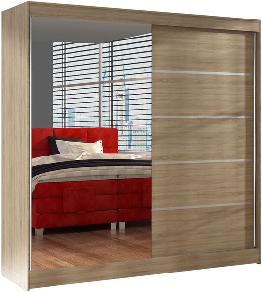 Schwebetürenschrank Basti III 200 cm mit Spiegel - Kleiderschrank, Schiebetürenschrank mit Kleiderstange und Einlegeboden, Schlafzimmerschrank, Schiebetüren, 200x215x58 cm (Sonoma)