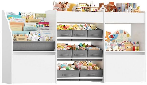HOMECHO Spielzeugtruhe, Kinderregal mit 8 Boxen auf Rollen Weiß, 158x80x29.7cm