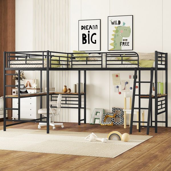 90*200cm Hochbett, zwei Etagenbetten, Tisch unter dem Bett, Doppeltreppe, hohes Geländer, schwarz
