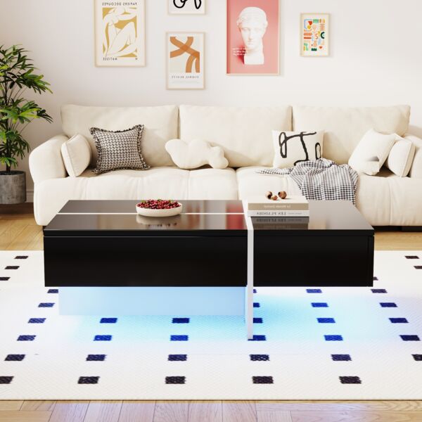 Couchtisch H 34,5 x T 50 x B 100 cm, Hochglanz schwarz, mit App-LED & 3 Schubladen