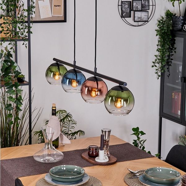 hofstein Pendelleuchte Hängelampe aus Metall/Glas in Schwarz/Blau/Grün/Kupferfarben/Klar, Hängeleuchte im modernen Retro/Vintage-Design (15 cm), 4 x E14