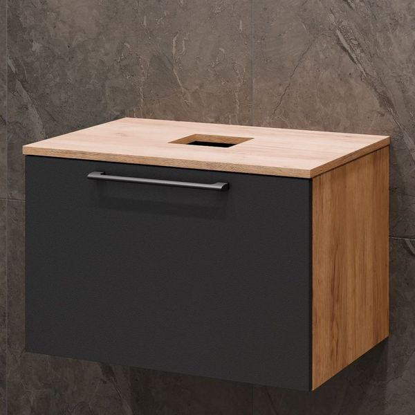 Planetmöbel Badmöbel-Set Astra, (Badezimmer Möbel im modernen Design, 5-St), Waschtisch und Waschbecken schwarz mit Spiegel und 2x Midischrank