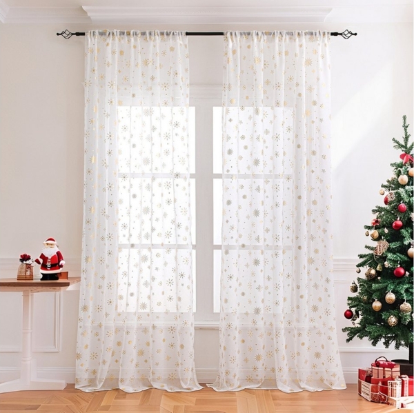 BTTO V&G Gardine Voile Gardinen Weihnachtsdeko,Weihnachten Vorhang Schneeflocke (2 St), halbtransparent, für Wohnzimmer, Schlafzimmer, Partydekoration, Hotel, Restaurant Bild 5