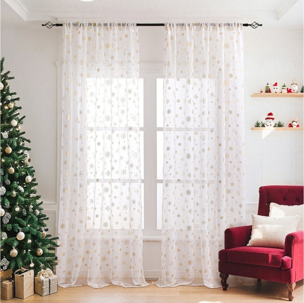 BTTO V&G Gardine Voile Gardinen Weihnachtsdeko,Weihnachten Vorhang Schneeflocke (2 St), halbtransparent, für Wohnzimmer, Schlafzimmer, Partydekoration, Hotel, Restaurant Bild 2