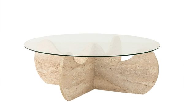 Modern Coffee Table, 90 cm Diameter, 30 cm Height | 100% Glass Top & Melamine Coated Particle Board Base | Elegant Travertine Marble Design