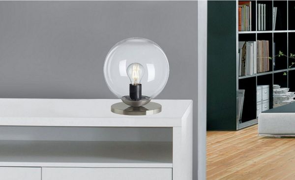 TRANGO LED Tischleuchte, 1er Set 7010CL Retro LED Tischlampe *SUN* Glaskugel Tischleuchte in klar inkl. je 1x E27 LED Leuchtmittel & Kabelschalter, Fensterbank Leuchte, Nachttischlampe, Schreibtischleuchte, Leseleuchte