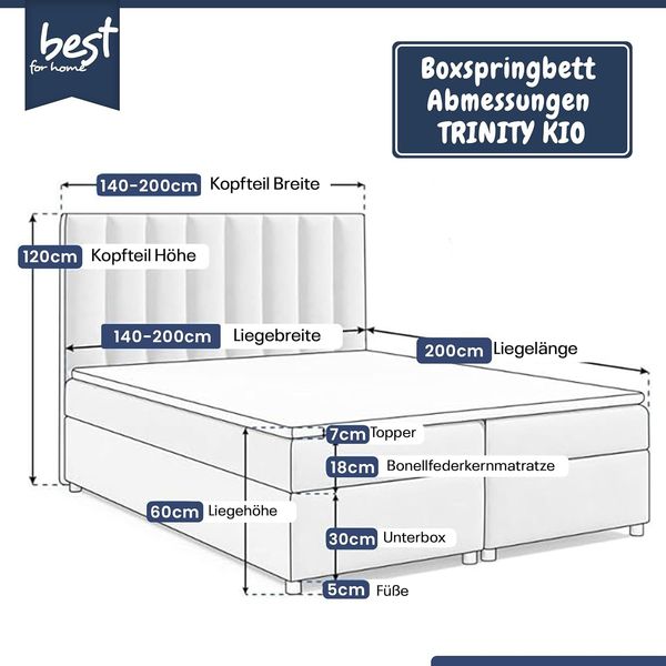 Best for Home Boxspringbett 200x200 mit 7-Zonen-Bonnellfederkern & Stauraum (140x200 160x200 180x200 200x200 cm), Verschiedene Liefermöglichkeiten, TOP Preis-Leistungs-Verhältnis Bild 2