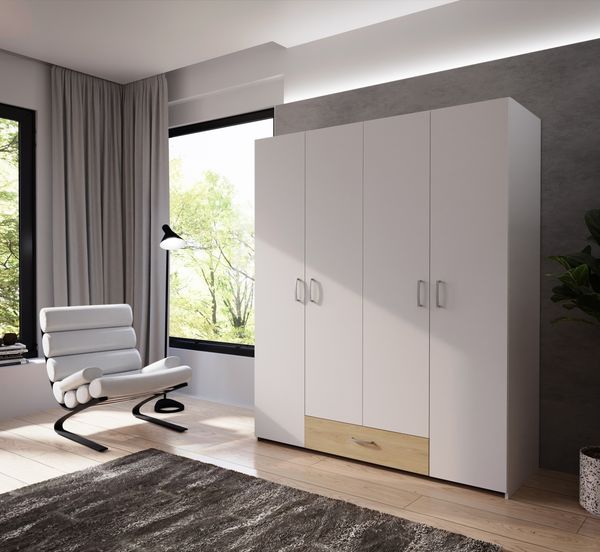 Drehtürenschrank >ECONOBOX< in Weiss / Puccini Eiche - 159,1x190,5x54,4 (BxHxT)