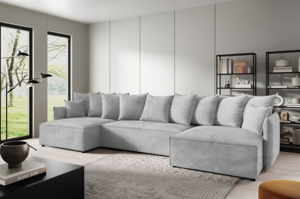 Wohnlandschaft mit Schlaffunktion MINEA Sofa U-Form in Stoff Poso Hellgrau