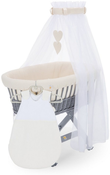 FabiMax Stubenwagen Grau lackiert, 2 in 1 Musselin / Waffelpiqué Komplettset Creme mit Schlafsack