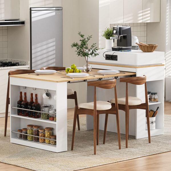 Tisch 83x46-146,5x96 cm, ausziehbar, Weiß mit Glastüren und Steckdosen