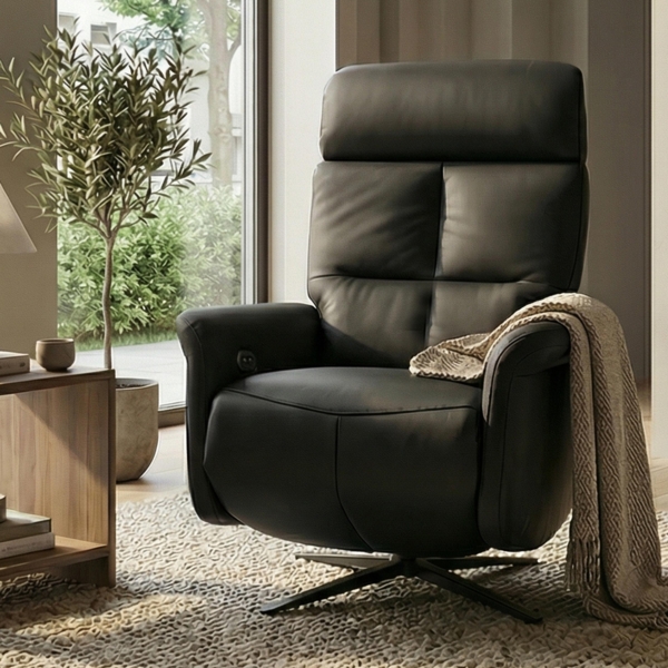 Relaxsessel HWC-L10, TV-Sessel Liegesessel, Liegefunktion drehbar, elektrisch verstellbar Voll-Leder ~ schwarz