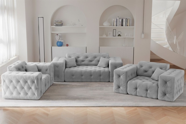 Sofaset Designersofa CHANTAL 2-1-1 in Stoff Moly Hellgrau