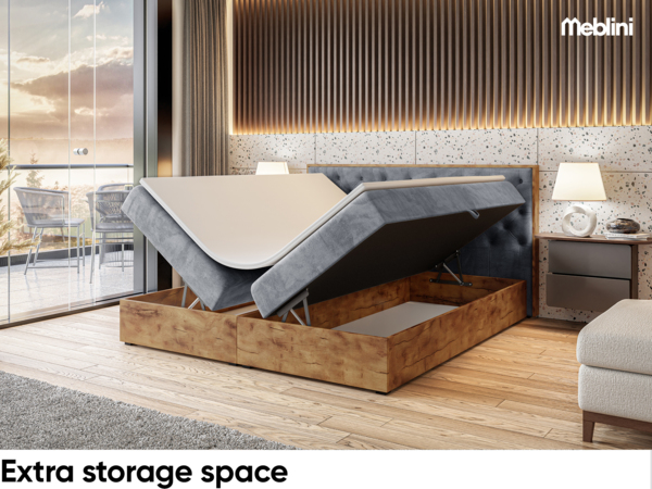 MEBLINI Boxspringbett LOFTY 3 140x220 cm mit Bettkasten - H4/Grau Samt Polsterbett - Doppelbett mit Topper & Taschenfederkern-Matratze Bild 5