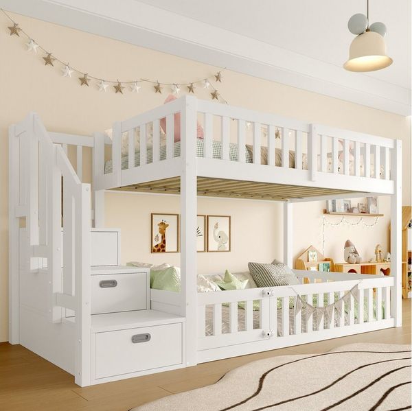 Flieks Etagenbett, Massivholz Kinderbett 90x200cm mit Stauraumtreppe & oberem Lattenrost