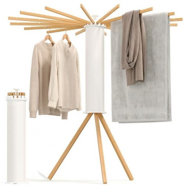 SONGMICS Wäscheständer klappbar, Ständer ausziehbar, platzsparend, drehbar, Balkon Waschküche, Holzarme, naturfarben