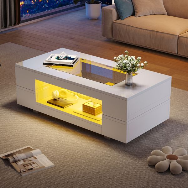 Couchtisch 100 x 50 x 35 cm in Weiß mit LED-App-Steuerung, Glasplatte und 2 Ablagen
