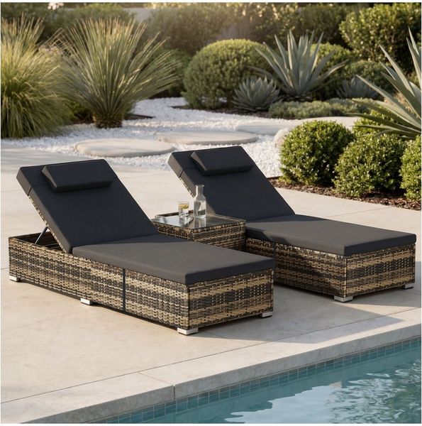 tectake Gartenliege Rattan-Doppelliege mit Tisch, mit abnehmbaren Kopfpolstern, Sonnenliege Carbonera, 1 St, in natur, wetterfest und UV-beständig, Belastbarkeit je 200 kg, verstellbar