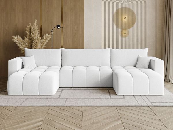 GRAINGOLD Ecksofa U-Form Neva U, Ecksofa mit Schlaffunktion, Bettkasten, mit losen Kissen, Bouclé-Stoff, Weiß