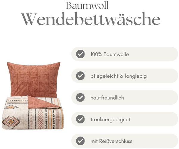 Renforce Bettwäsche mit Reißverschluss - Wendebettwäsche aus 100% Baumwolle, Bohomuster 200 x 200 cm + 2x 80 x 80 cm Bild 3
