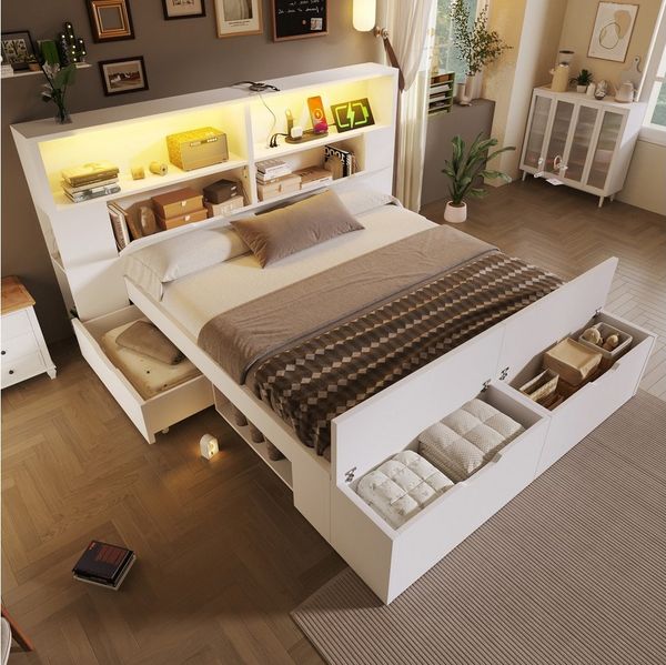 REDOM Kinderbett Funktionsbett mit LED, USB-Ladung & Stauraum, weiß (Holzbett, Funktionsbett, 1-tlg, Als praktisches Holzbett für Kinder- oder Jugendzimmer,140x200 cm), L-Kopfteil mit Regal & Schubladen(ohne Matratze)