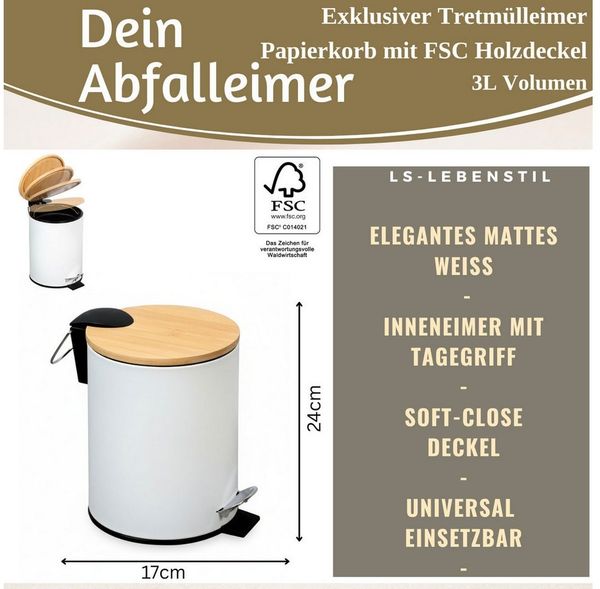 LS-LebenStil Kosmetikeimer Tretmülleimer Papierkorb 3L Soft Close Rund Fußpedal Mülleimer, Kosmetik-Mülleimer Treteimer Bad Badezimmer Küche Mülleimer