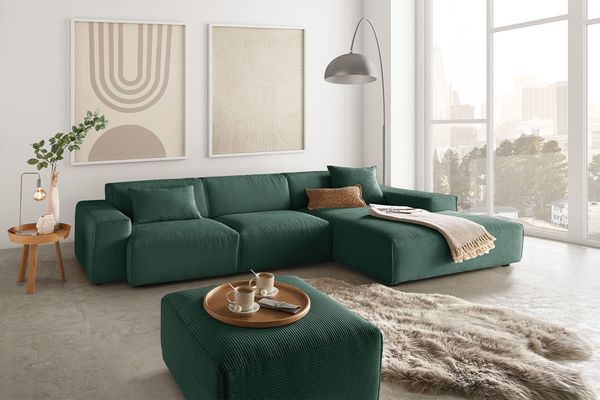 KAWOLA Sofa RANI Ecksofa Cord smaragd Recamiere rechts 71 x 189 x 299 cm