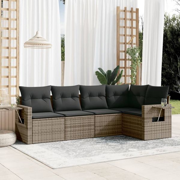 vidaXL 5-tlg. Garten-Sofagarnitur mit Kissen Grau Poly Rattan 3252467