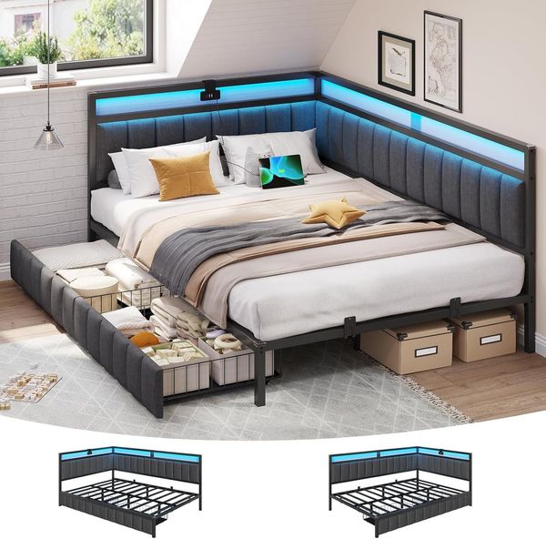 MSMASK Polsterbett Schlafsofa mit 2 Schubladen und USB-Ladestation, Betten mit LED-Beleuchtung & Lattenrost aus Metall, ohne Matratze