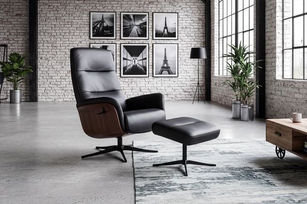 KAWOLA Relaxsessel SILVA Drehsessel Leder schwarz mit Hocker 109 x 85 x 78 cm